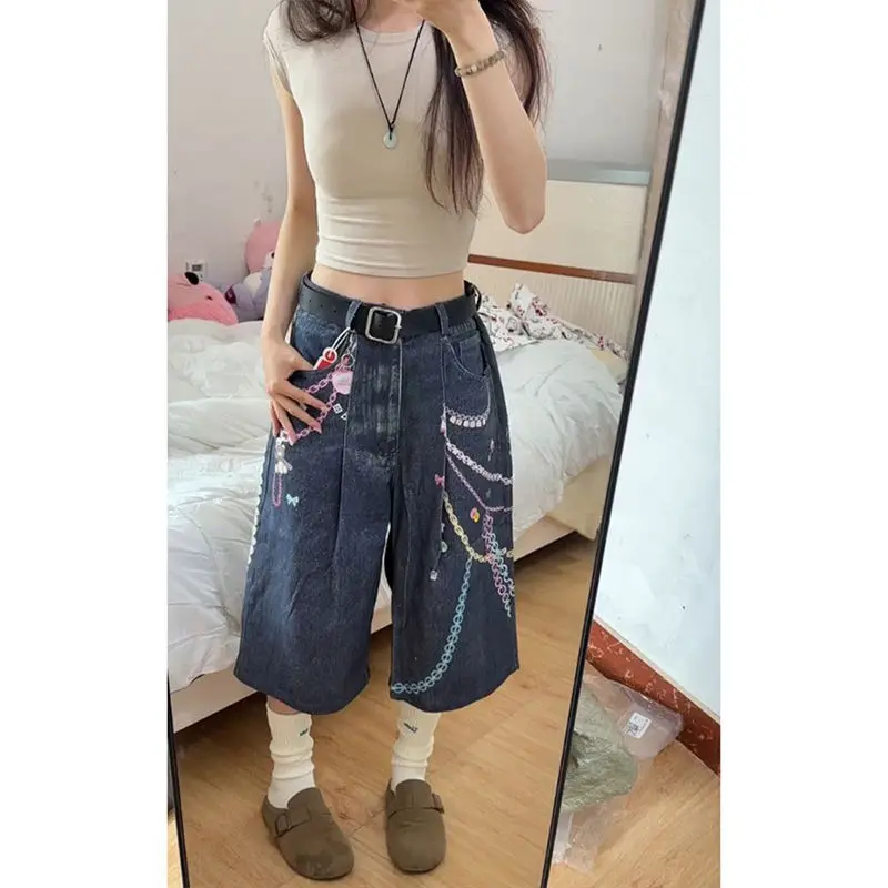 Corrente cor impressa jeans cortados feminino novo verão americano retro solto fino calças de perna larga maré