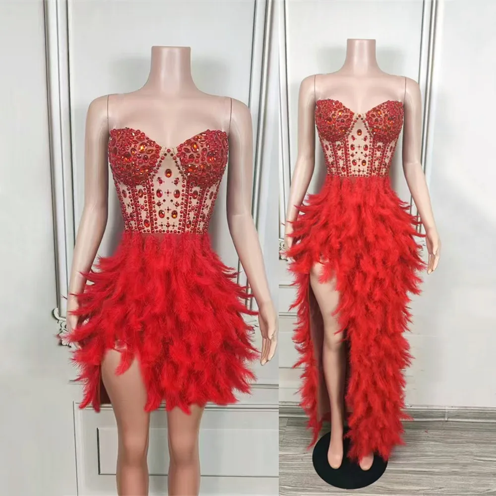 

Red Rhinestones Feather Strapless High Slit Dress Sexy Mesh Women Elegant Evening Party Birthday Long Gown Performance Costume