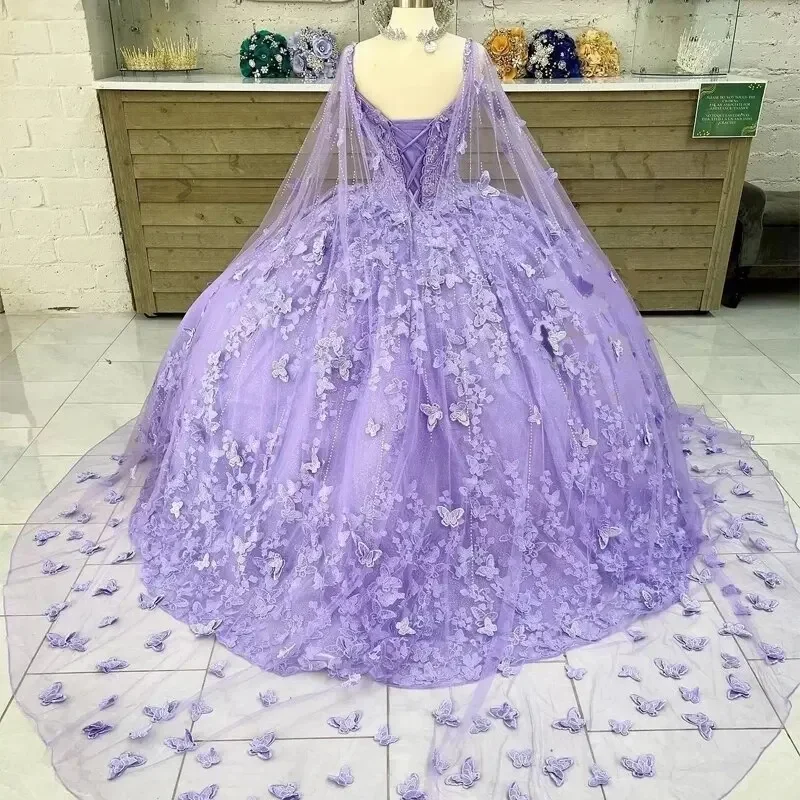 Vestidos Quinceanera cintilantes com capa brilhante, 3D Flower Lace Up, Sweet 16 Girls, Vestido de baile roxo, Applique