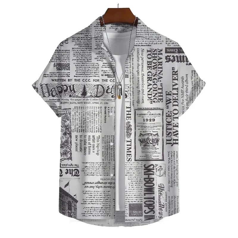 

Vintage Newspaper Pattern Shirt For Men Summer Vacation Casual Shirts Creative Graphic Short Sleeve Streetwear Oversized Blouse