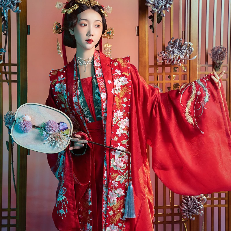 

Оригинальный комплект женской одежды Ханьфу в стиле династии Сун: вышитая красная блузка с длинными рукавами, цветочный узор, фееричный стиль, Фэн Си Линь.