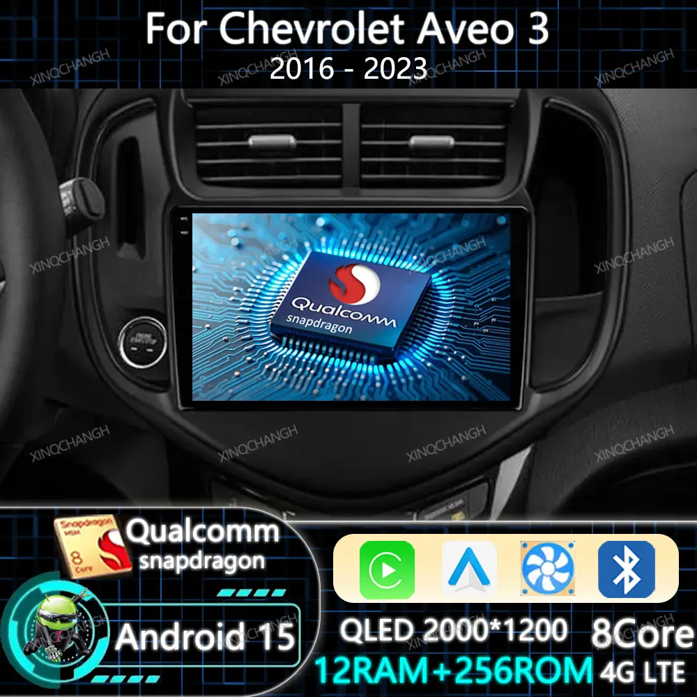 أندرويد 15 راديو السيارة Carplay السيارات لشروليه أفيو 3 2016 - 2023 رئيس وحدة كوالكوم QLED الوسائط المتعددة مشغل فيديو الملاحة BT