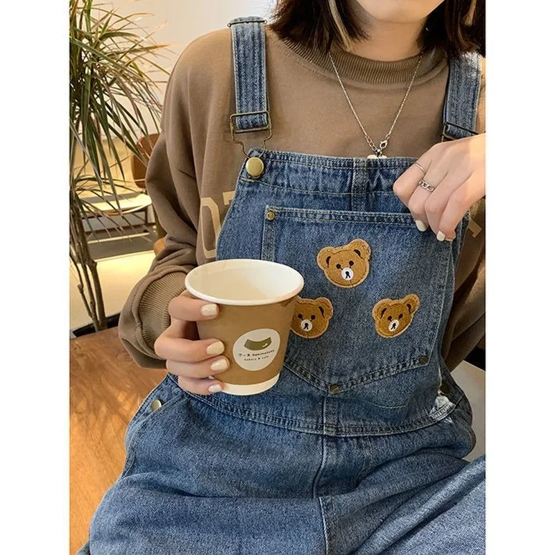 New Cartoon Bear Denim Jumpsuits Women Y2K Baggy Overalls Female Vintage Loose Straight Wide-leg Jumpsuit One Piece Outfit