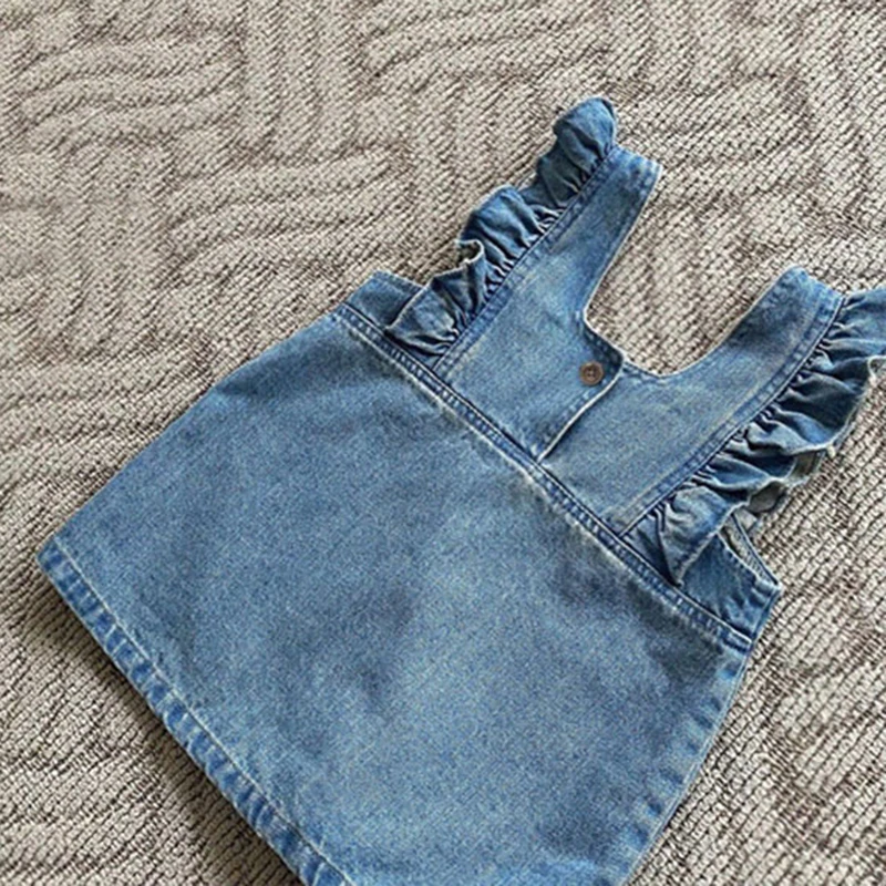 2023 Summer Baby Girl Sleeveless Denim Vest Dress Solid Girls Casual Striped Dress Ruffle Adjustable Children Corduroy Dress