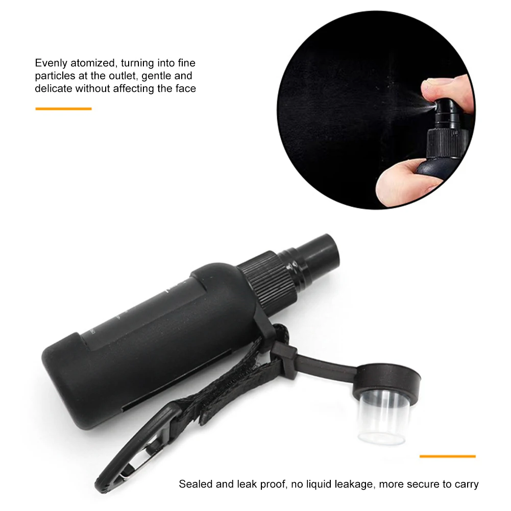Botella de viaje de 50ml, botella pulverizadora recargable a prueba de fugas, pulverizador portátil con correa de gancho táctico para acampar al aire libre para líquidos