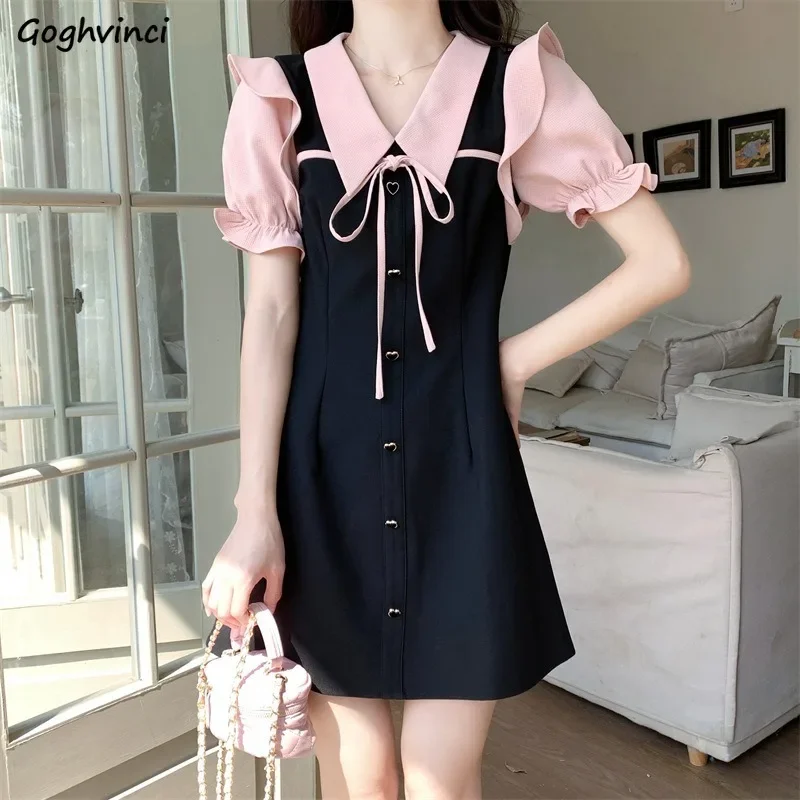 Dresses Women Chic Peter Pan Collar  Defined Waist Temper Daily Korean Fashion Mini Summer Leisure Sweet Lovely Girls Popular