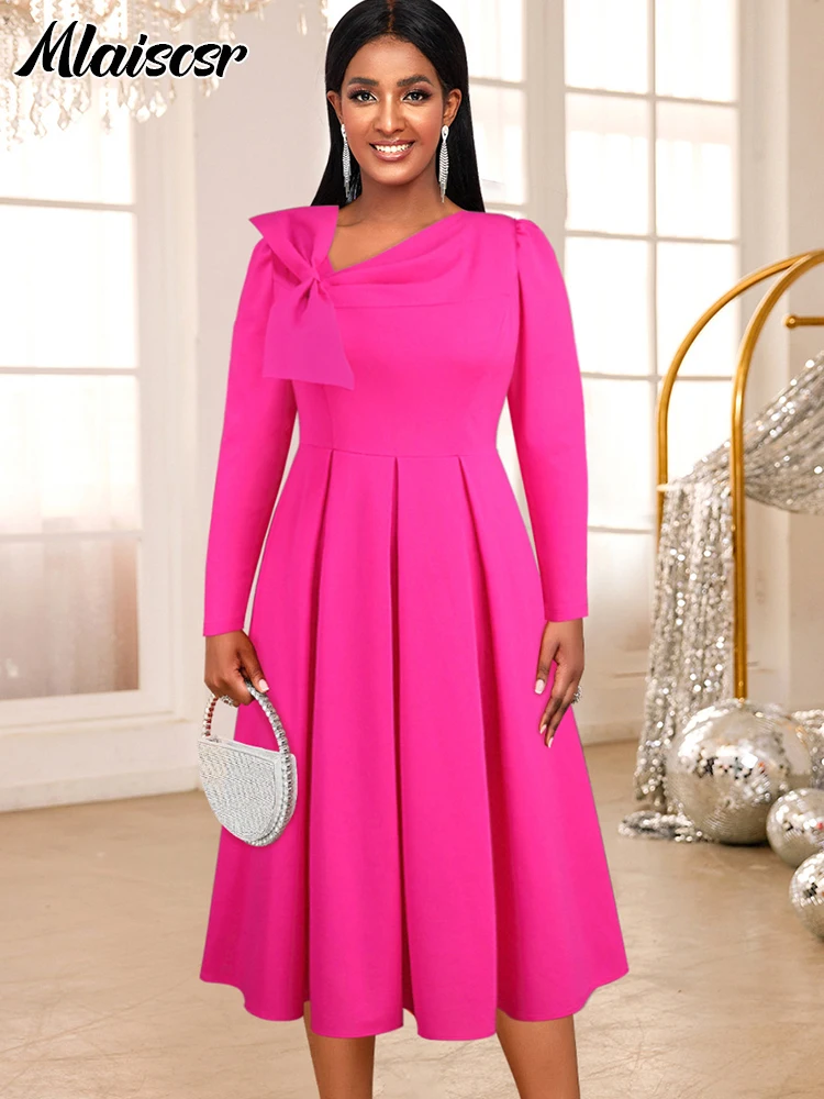 Mlaiscsr asymmetrical Collar Bow Long Sleeve A-Line Pleated Dress Elegant Gowns Celebrate Christams Birthday Evening Event Robes