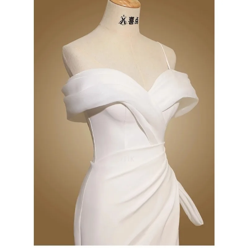 맞춤형 이브닝 드레스 화이트 저지 오프 숄더 바닥 길이 레이스 업 인어 플러스 사이즈 플리츠 여성 파티 공식 가운
