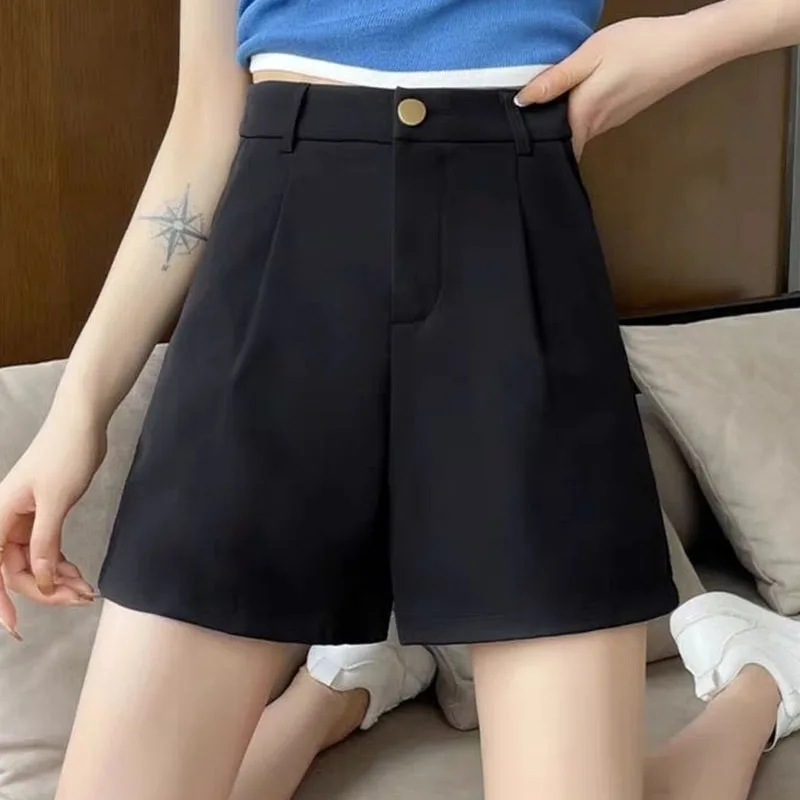 Summer Black Suit Shorts for Women Solid All-Match Casual Button Zipper A-Line Shorts Fashion Office Lady Commute Short Pants