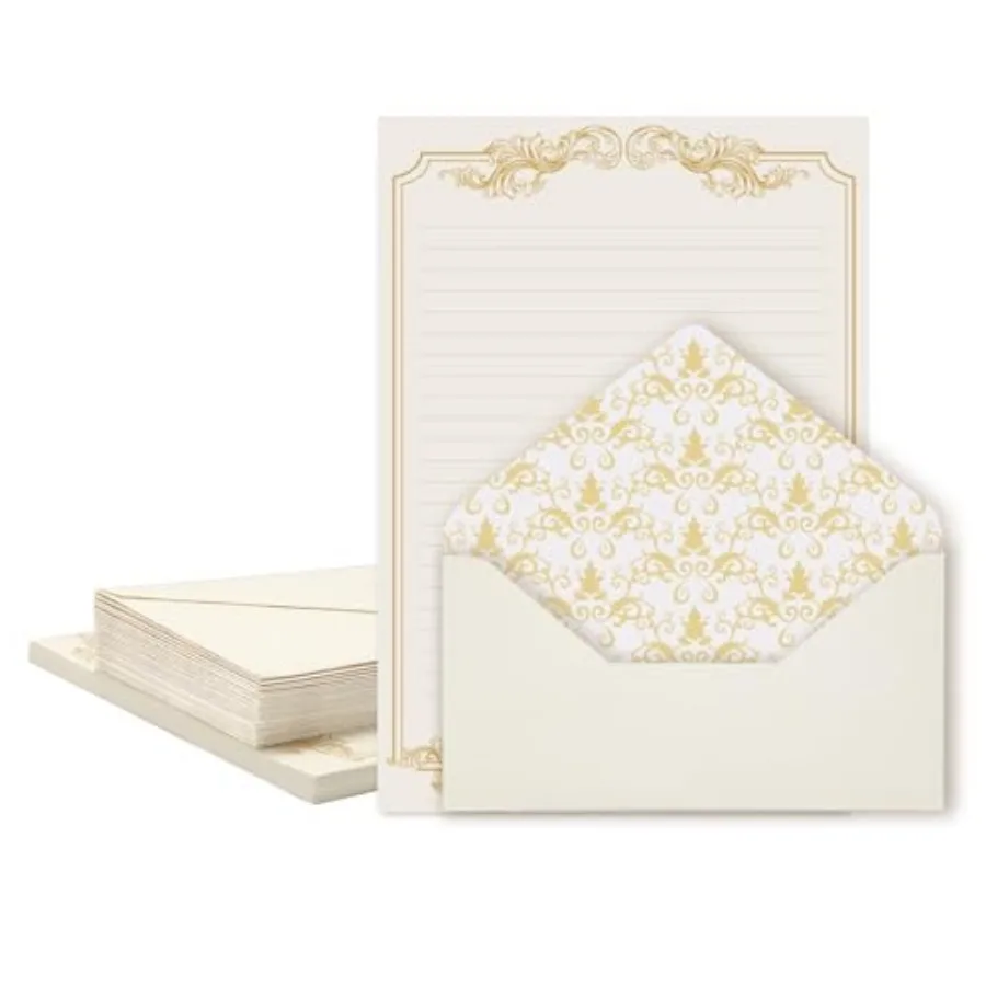 

90 Piece Stationery Set - 60 Vintage-Style Paper Sheets + 30 Envelopes, Gold Border Letter Writing Paper for Love Letters and P