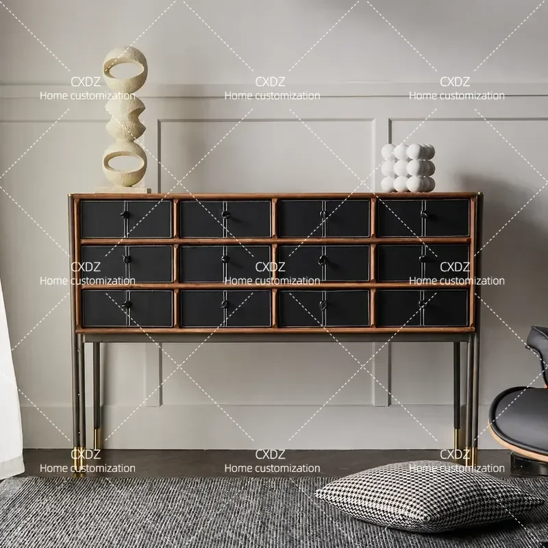 Medieval Solid Wood Dining Side Cabinet Nordic Simple Living Room Walnut Color Chest Retro Storage Multi Drawer Cabinet