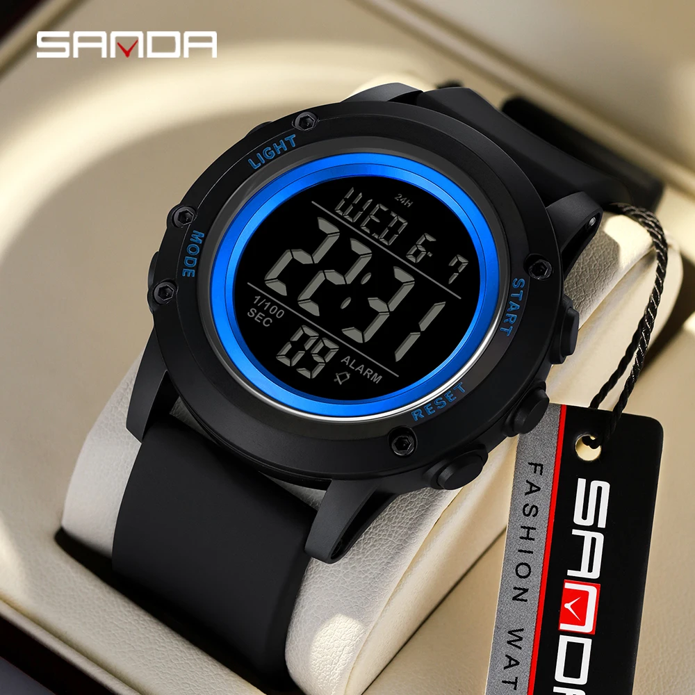 SANDA 2165 موضة طالب ساعة إلكترونية رياضية مقاوم للماء متعدد الوظائف LED العسكرية الرجال ساعة رقمية إلكترونية 2025