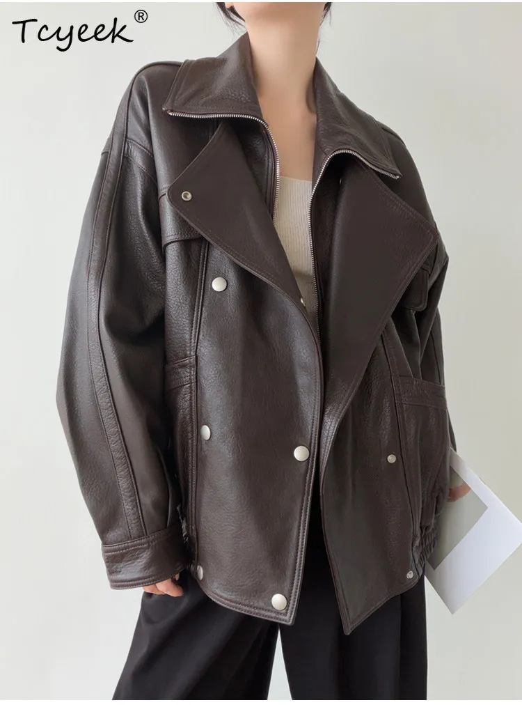 Tcyeek veste en cuir véritable femmes printemps automne vêtements en peau De mouton naturelle manteau en cuir femmes manteaux coupe ample Jaqueta De Couro