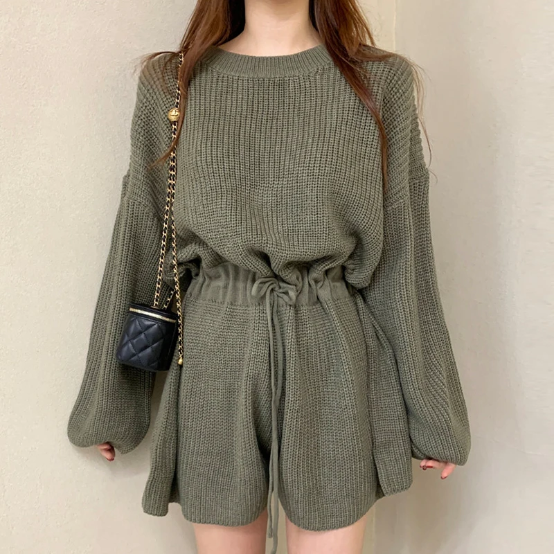 Chic ฤดูใบไม้ร่วง Retro รอบ Ne Dstring เอวยาว Sve ถักขากว้าง Jumpsuit orts ผู้หญิง Faion เดินทาง Sle