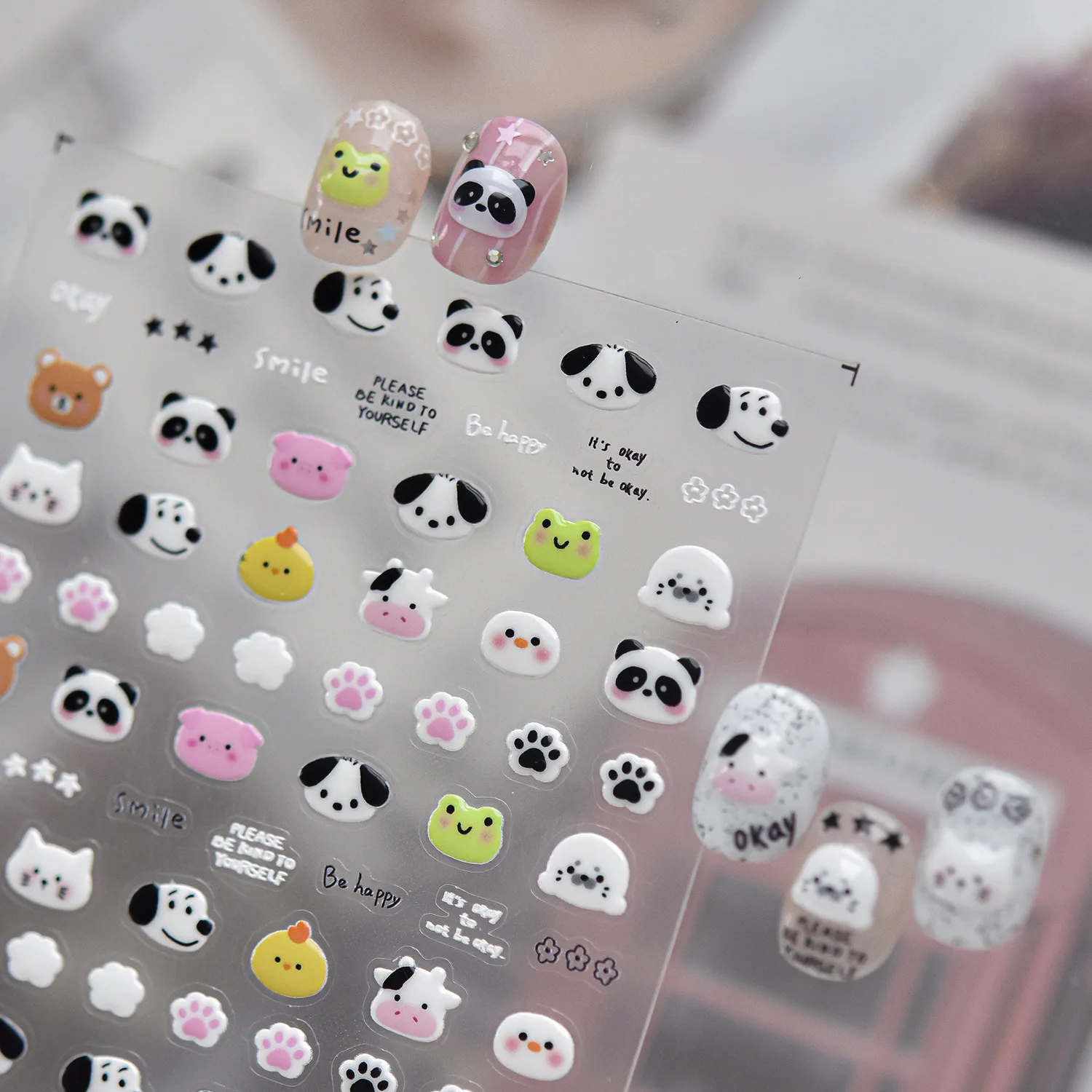 Niedliche Gelee-Cartoon-Zoo-Tier 5D Nagelaufkleber Panda Schwein Küken Bär Hase Pfotenabdruck Selbstklebende Nagelsticker Maniküre-Deko