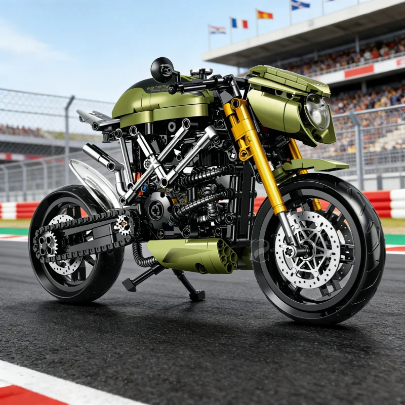 

Vintage Olive Green Motorcycle Bricks Toy - Detailed Engine & Suspension Construction Set for Hobbyists