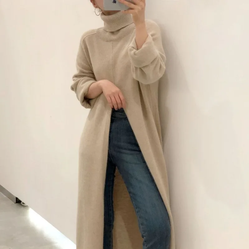 Autumn Winter High Neck Loose High Slit Knitted Dress Over Knee Slimming Design Long Knitted Sweater Base Sweater For Women