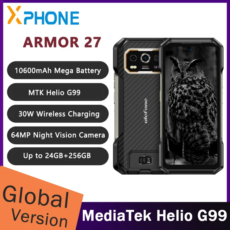 Ulefone Armor 27 Rugged Phone 12GB+256GB Helio G99 Octa Core Night Vision 10600mAh 6.78'' Android 14 4G NFC Cellphone