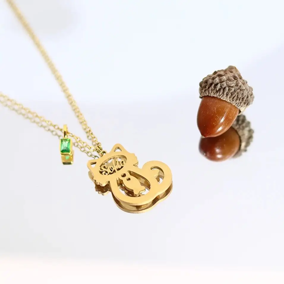

Todorova Custom Cat Name Necklace Stainless Steel Gold & Silver with Green Zircon Dainty Cat Lover Jewelry For Women