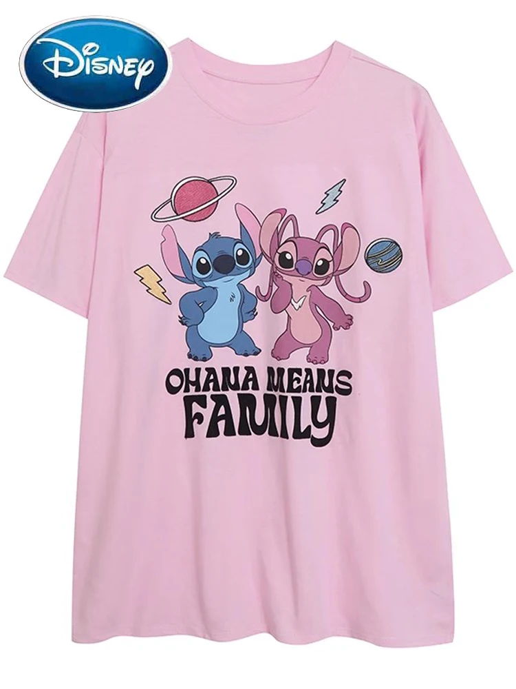 Disney T-Shirt Stitch Little Monster Angel Cartoon Print Embroidery Sweet Women O-Neck Pullover Short Sleeve Pink Tee Top Female