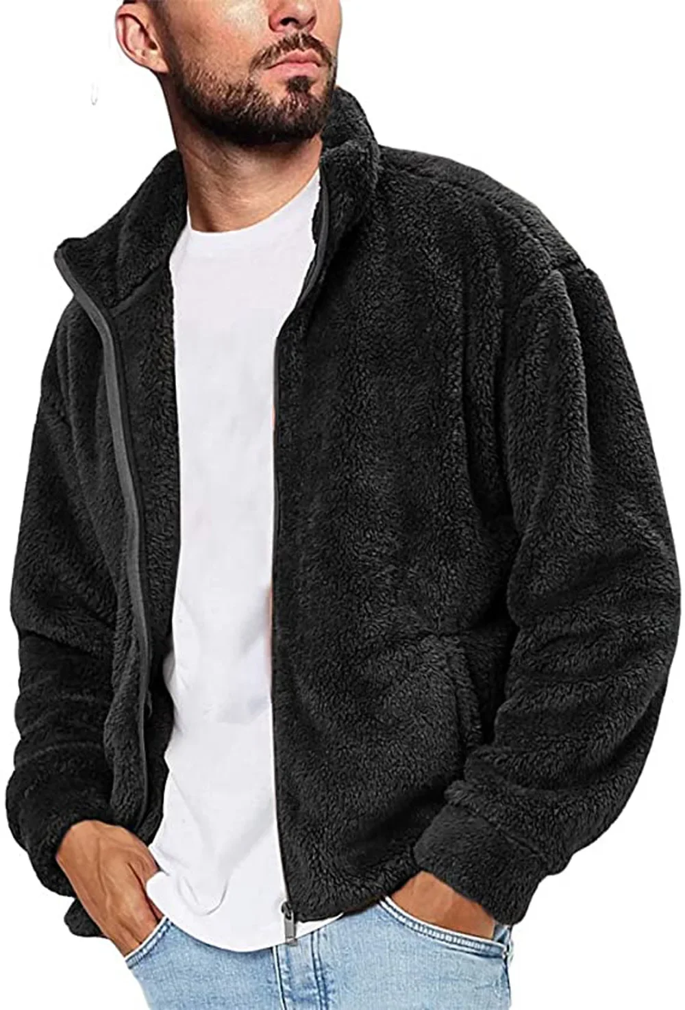 

Pure Color Warm Cold-Proof Fleece Jacket Men's Sports Casual Zipper Cardigan Sweater