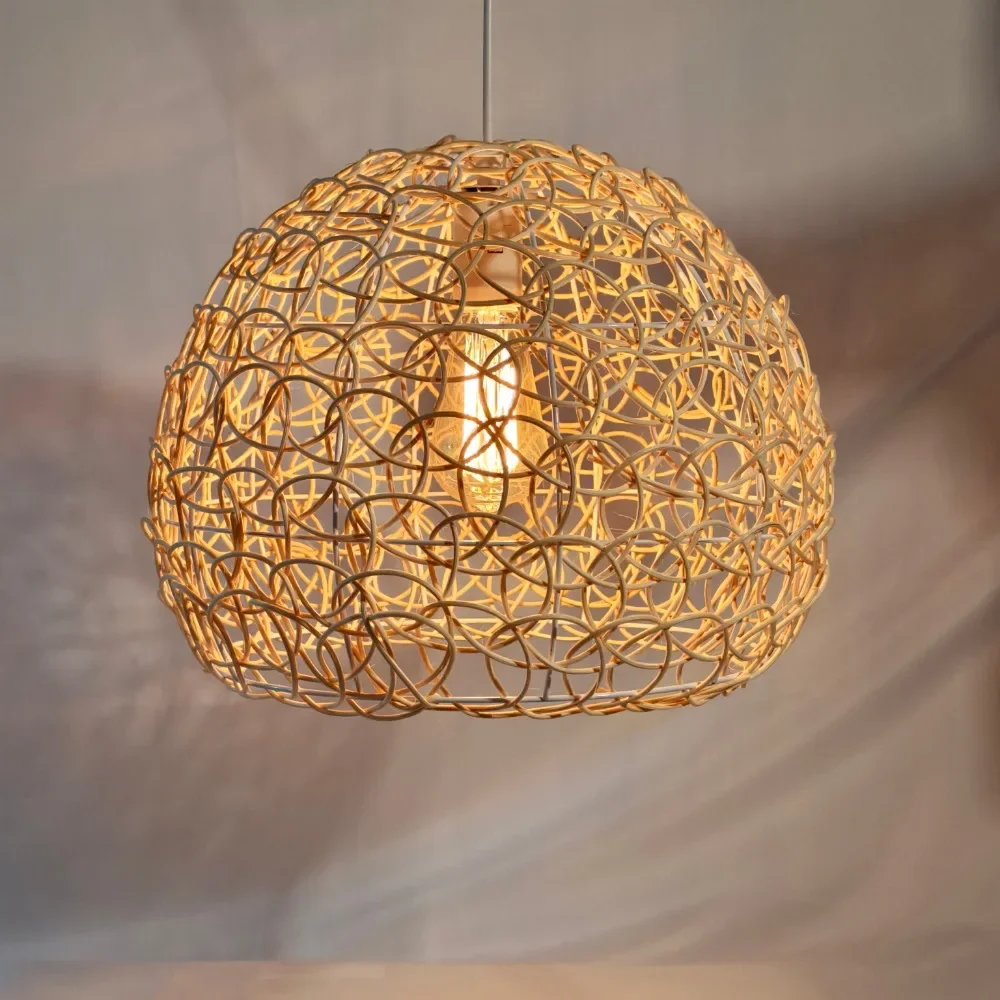 

25cm Handmade Vine Wicker Pendant Light Retro Bird's Nest Vintage Fish Scale Chandelier Hanging Light Living Room Kitchen Coffee