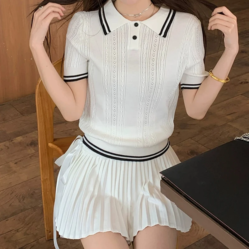 Short Sleeve Polo Neck Knit Top Women Polo Sweater Crop Polo Shirts Teen-girl Summer 2026 Golf Chic Retro Preppy Tennis Core - view 4