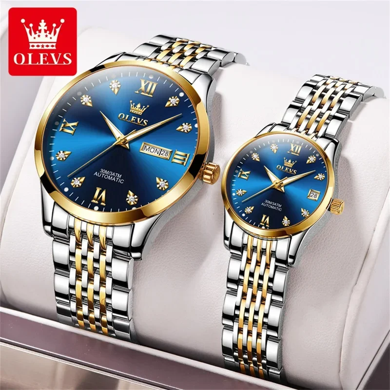 

OLEVS Couple Watch Business Luxury Automatic Mechanical Wrist Watch Gifts Women Wterproof Date Stainless Steel Strap 6673