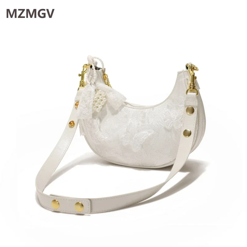 

Vintage Embroidered Half Moon Shoulder Bag Spring/Summer Lace Butterfly Design Women's Armpit Bag Female Casual Crossbody Bag