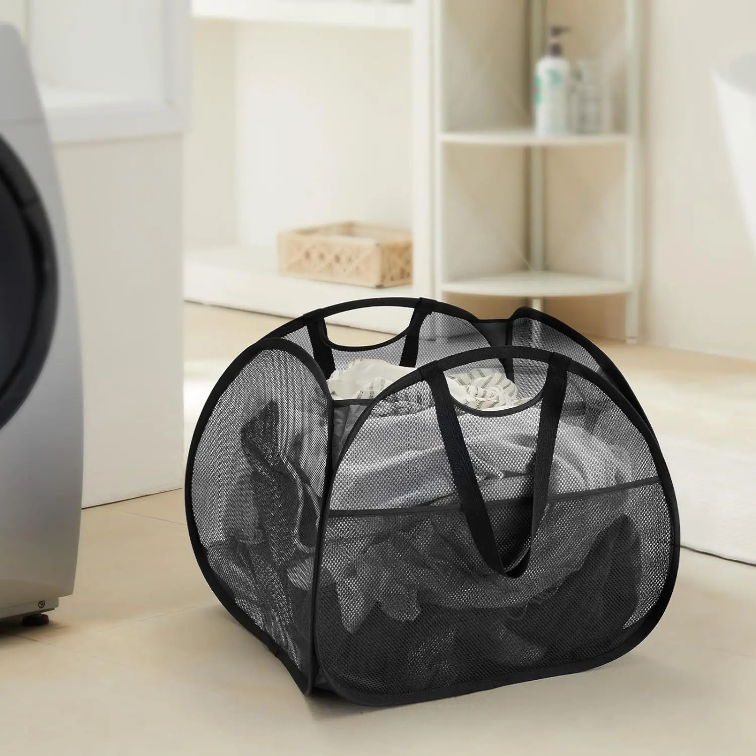 90L Collapsible Mesh Laundry Basket,Foldable Pop Up Laundry Hamper with Side Pocket Removable Clothes Storage Bin with Handle