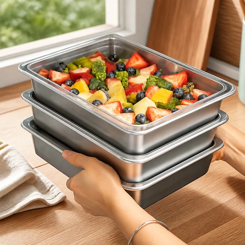 Triple Pack Stainless Steel Food Containers with Clear Stackable Lids, Leakproof Design for Camping and Home Use