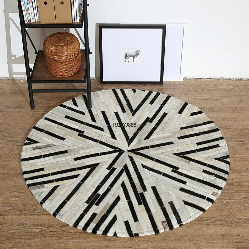 luxury cowhide seamed striped rug , round shaped real cow skin patchwork carpet for living room bedroom decoration rug