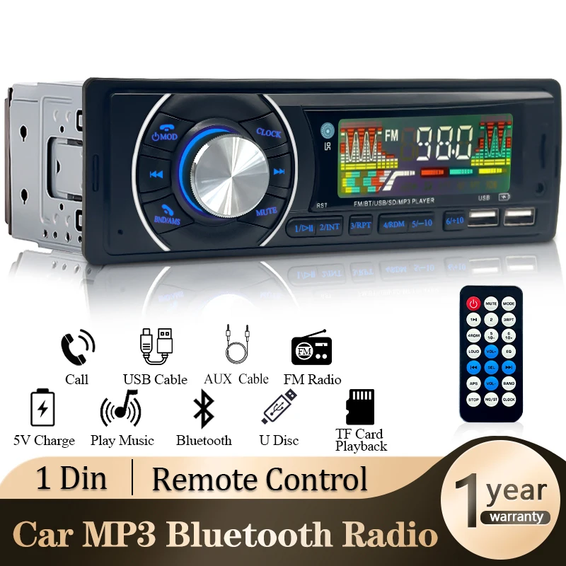 Radio samochodowe audio 1din Bluetooth Stereo Odtwarzacz MP3 Odbiornik FM 12V Obsługa ładowania telefonu Karta AUX/USB/TF w zestawie deski rozdzielczej