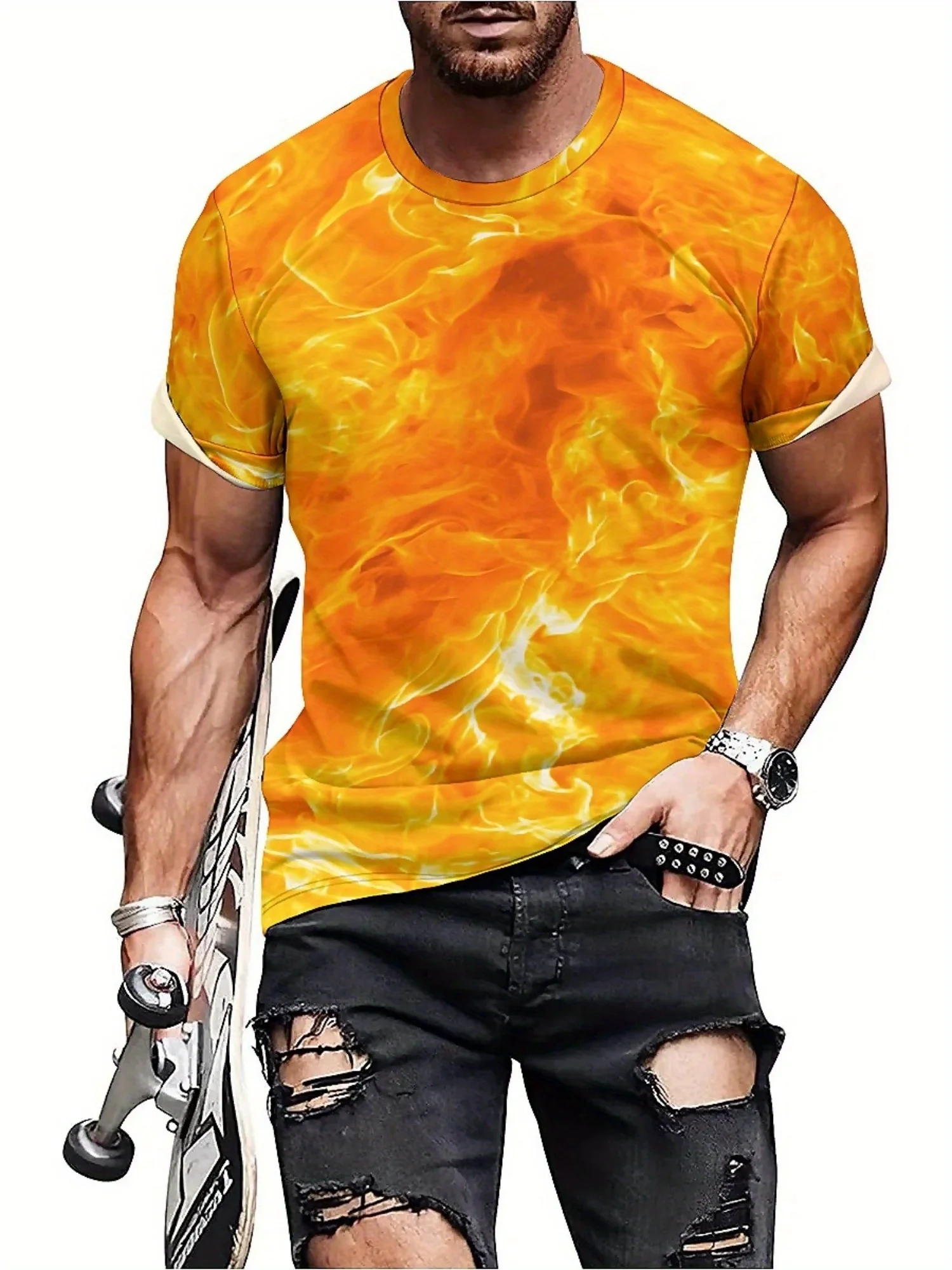 تي شيرت رجالي بطباعة Vibrant Flame ثلاثي الأبعاد - نمط هيب هوب روك الرائع، فضفاض، بوليستر ناعم وجيد التهوية