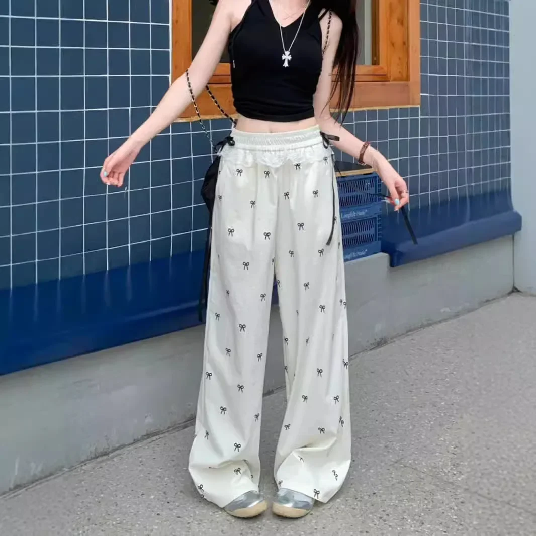 

Korean Sweet Spicy Lace Edge Spliced Casual Pants Bow Pants Women's Summer Thin Loose Sweatpants Women Streetwear Joggers Y2k