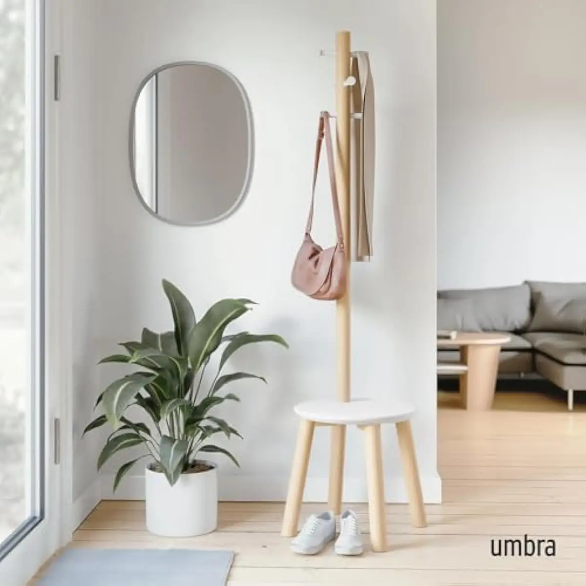 Freestanding Wooden Coat Rack with Integrated Stool and Six Functional Hooks for Coats Hats Towels Jackets in Compact Vertical D
