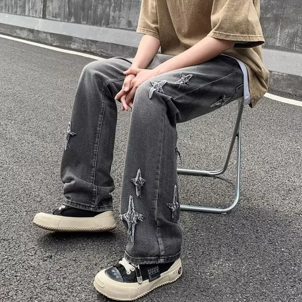 

Denim Fabric Men Jeans Men's Denim Pants with Gradient Color Splicing Distressed Cross Pattern Slight Flared Trousers for Men