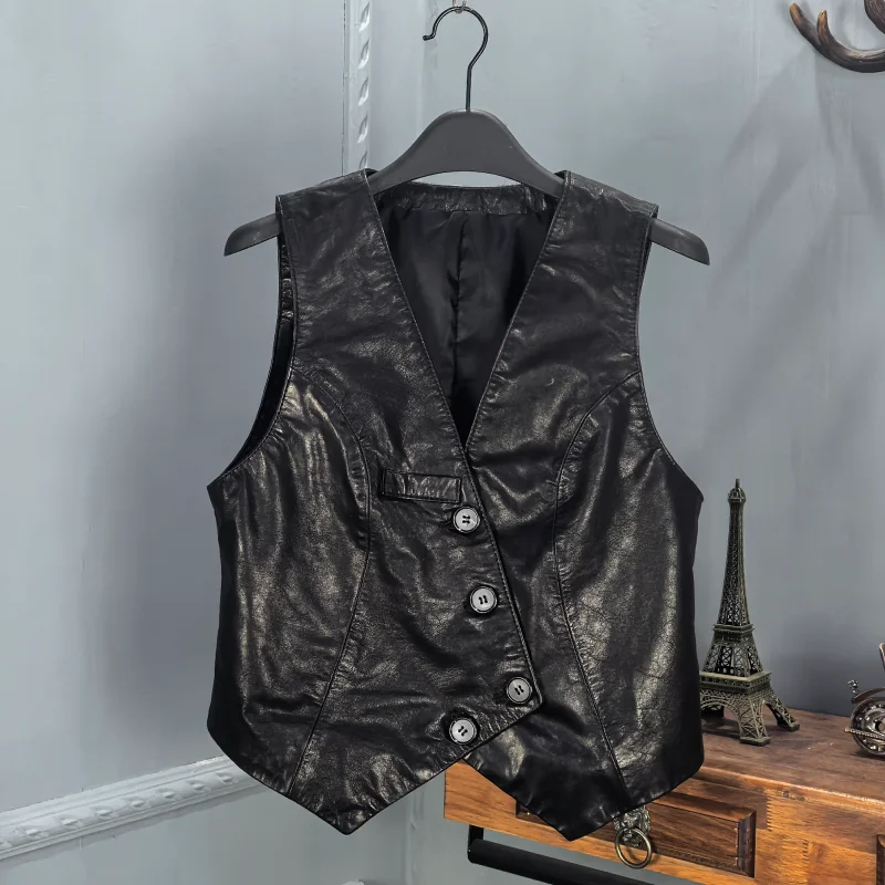

Новая осенне-зимняя женская жилетка из натуральной кожи, универсальная, из вощеной коровьей кожи, с V-образным вырезом, для повседневной носки