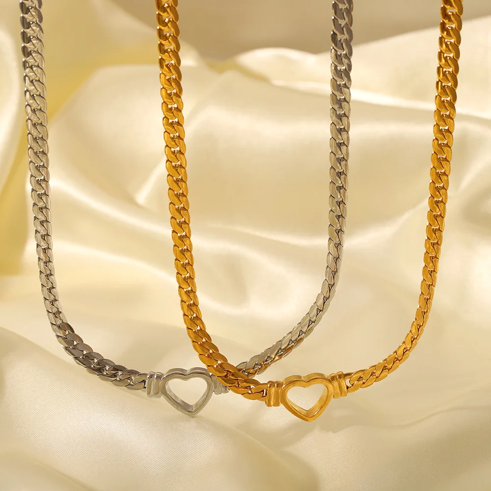 Peri'sbox Stainless Steel Solid Gold Pvd Plated Chunky Thick Chain Hollow Heart Choker Necklace for Women Street Fashion Jewelry view 4
