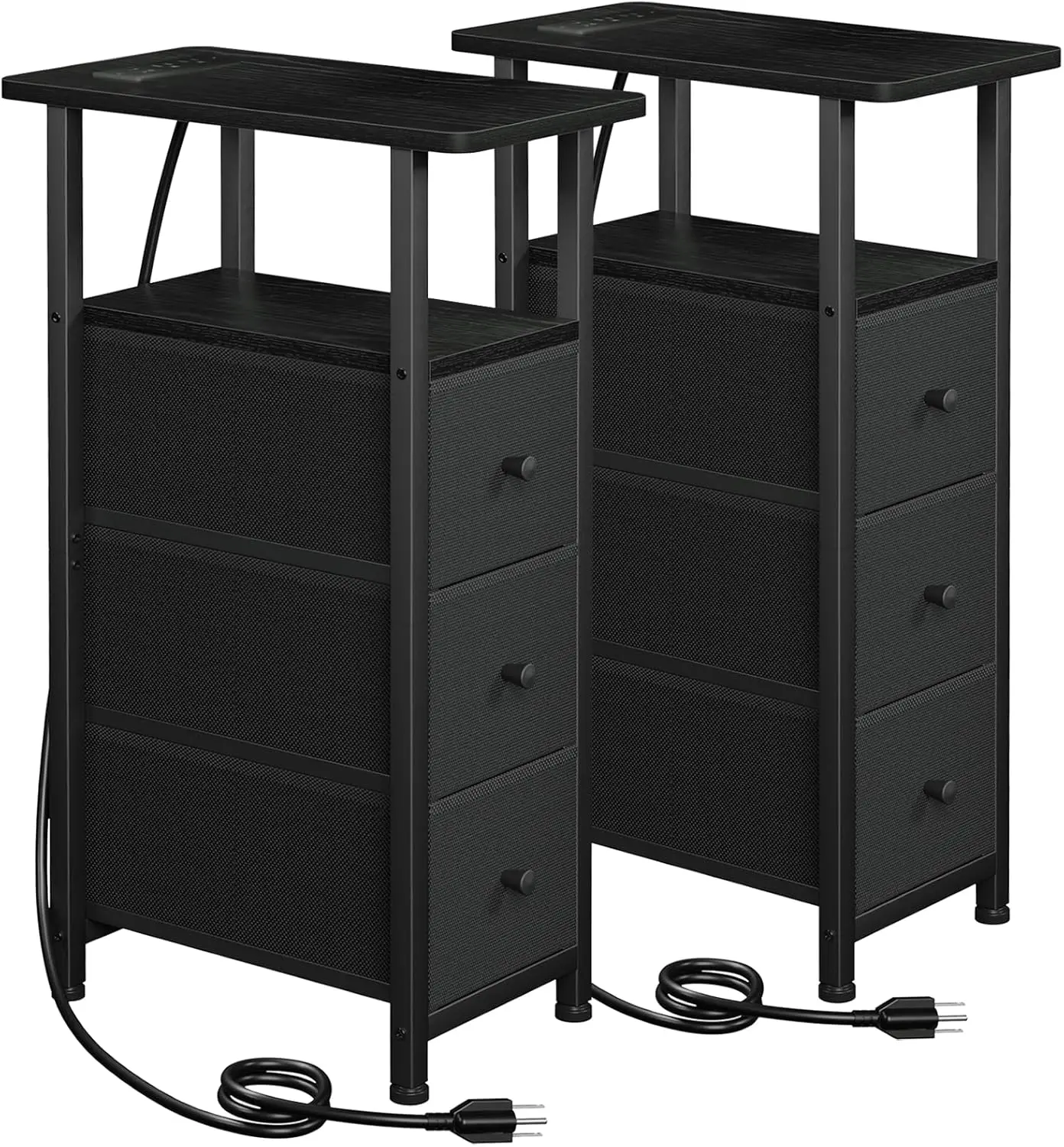 

Narrow End Tables Set of 2 with Charging Station, Slim Black Side Table with Fabric Drawers for Bedroom, Living Room, Small Spac