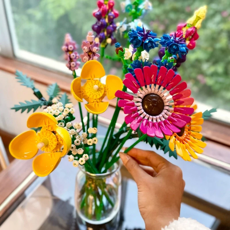 Fleur de chrysanthème artificielle pour la décoration de la maison, blocs de construction de bouquet de fleurs concertées, cadeau pour filles,