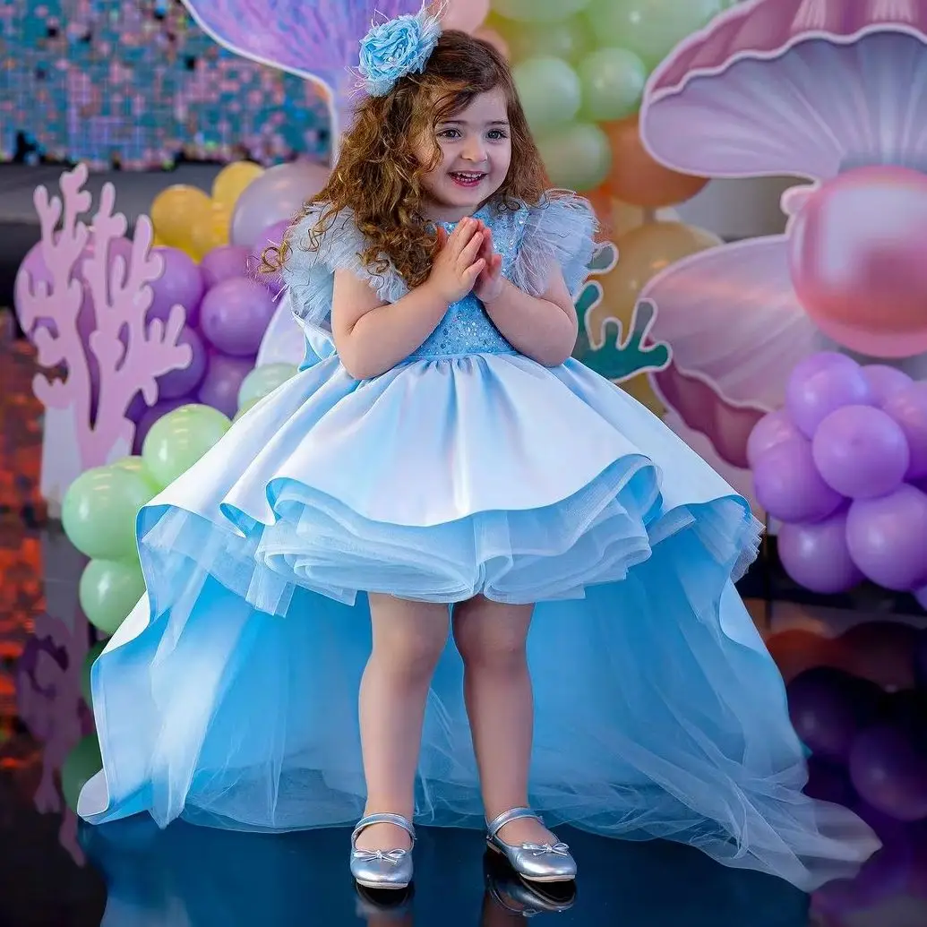 Fatapaese personalizado vestido da menina de flor pérola frisado pedras inchado saia festa da criança vestido hi-low longo trem vestido de baile princesa