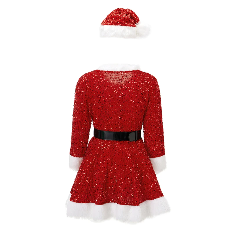 Women Christmas Costumes Red Shiny Furry Patchwork Short A-line Dress with Belt and Hat Cosplay Party Outfits 2025 Clubwear