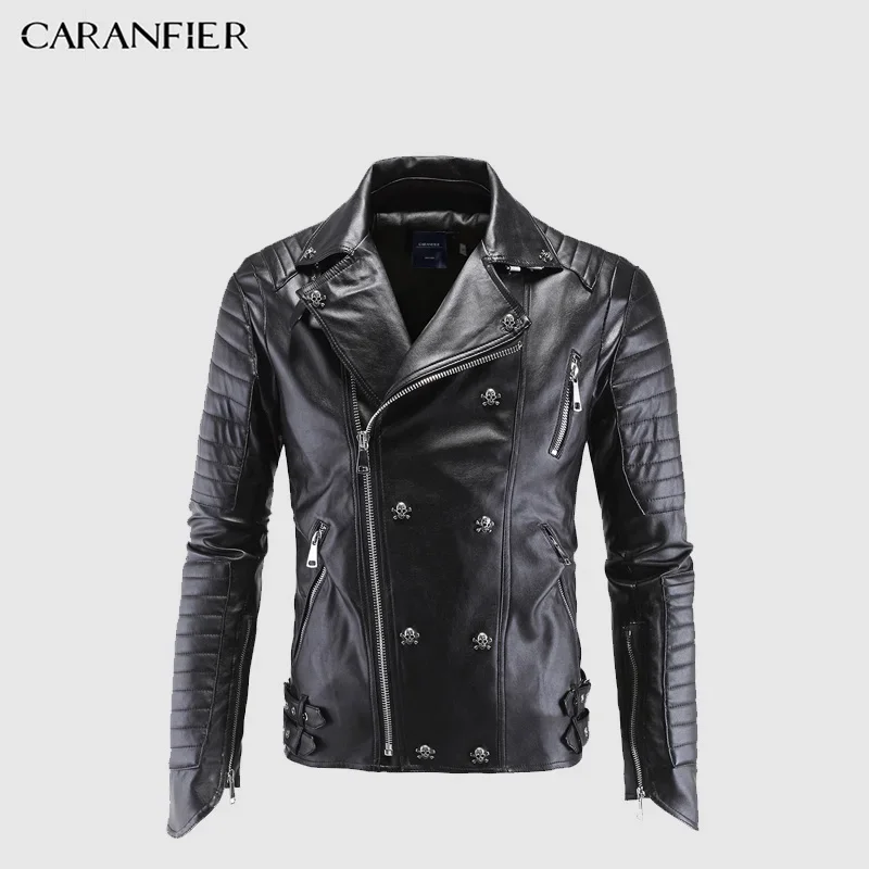CARANFIER Leather Jacket Men Designer Skull Rivet Studded Punk Rock Black Biker Faux Motorcycle Jackets Man Plus Size M-5XL