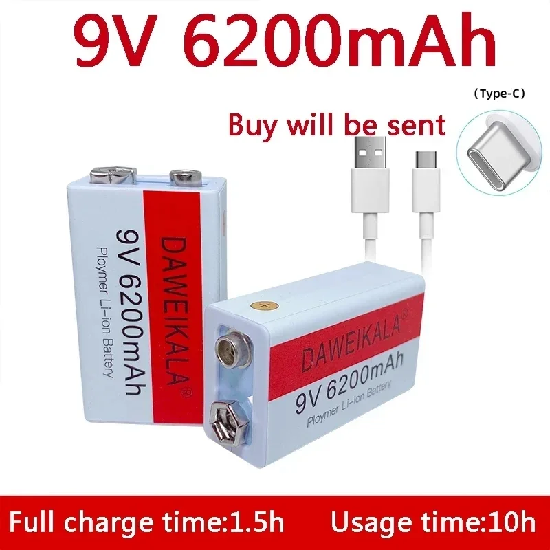 9V battery 6200mAh li-ion Rechargeable battery Type-C Battery 9V USB lithium for Multimeter Microphone Toy +USB charging cable