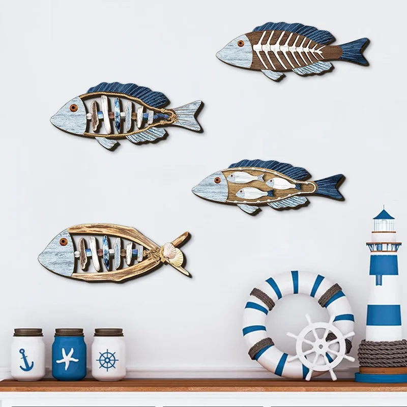 4pcs/set Ocean Fish Wall Decor Wooden Carving Art Marine Style Wood Wall Hanging Sculpture for Home Room Decoration