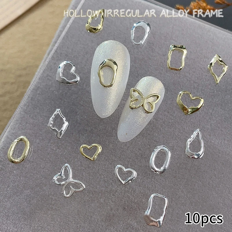 10Pcs Gold Silver Hollow Butterfly Heart Nails Charms Alloy Metal Nails Decorations Jewelry Accessories 3D Manicure Accessories