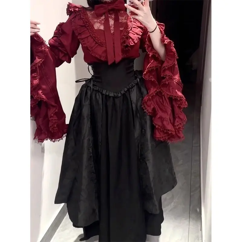 

Рубашки Lolita Pure Red Рубашка с рукавами SK Черная юбка с высокой талией Женская темная готическая тонкая блузка Длинная юбка Комплект из 2 предметов JK Y2k Faldas