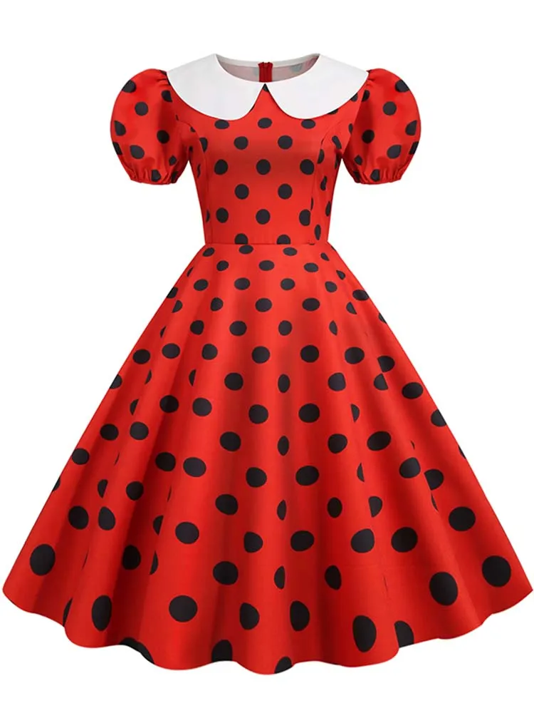 Polka Dot Vintage Dress Women Summer Pink Rockabilly Office Party Dress Casual Peter Pan Collar Sundress Vestidos