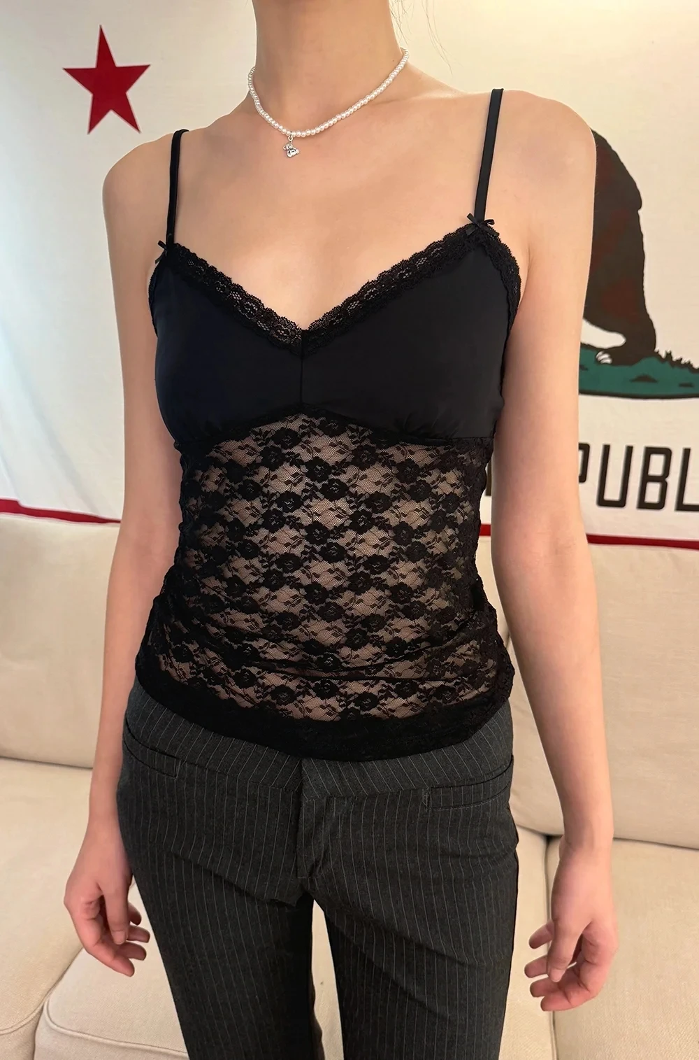 Lace Bow Transparent Bra Tank Top Summer Sleeveless V-Neck Thin Slim Vest Women Sweet Vintage Streetwear Sexy Crop Tops Y2k